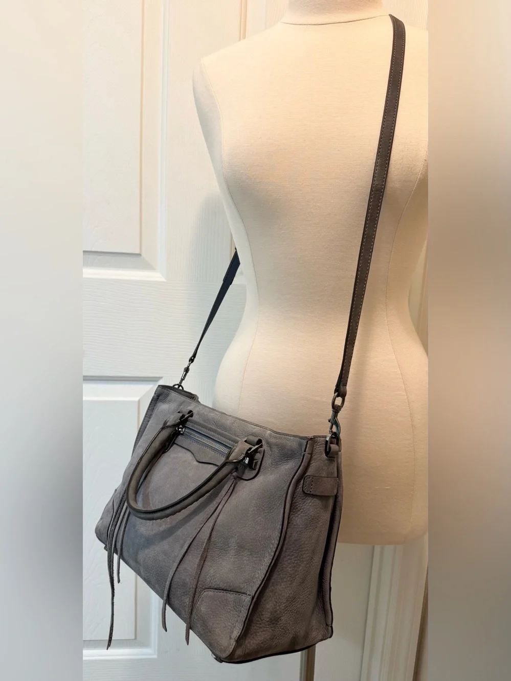 Rebecca Minkoff Regan Nubuck Leather Satchel Tote Crossbody Tassels Gray GUC